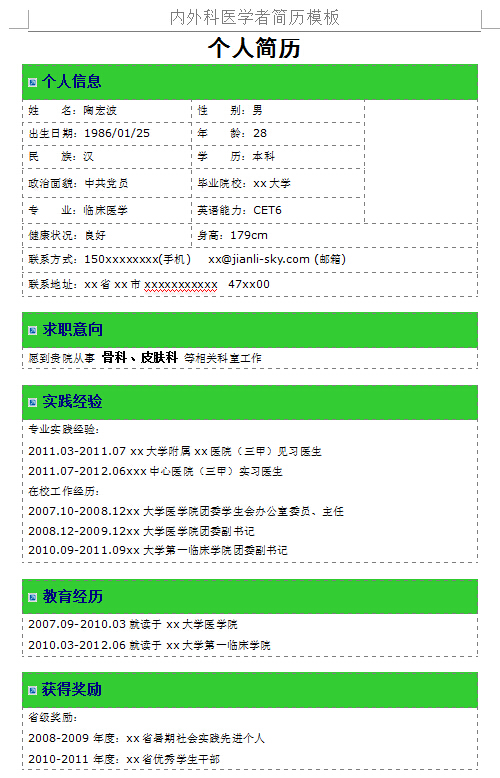 医学生个人简历模板